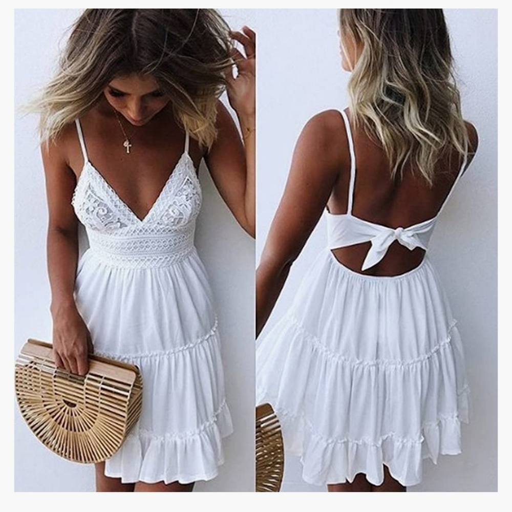Women's VNeck Spaghetti Strap Backless Lace Mini Dress